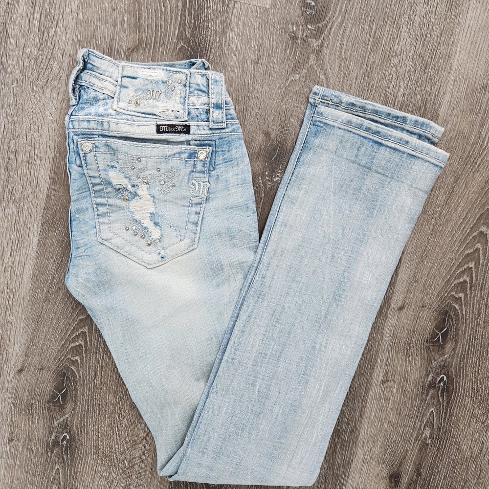 Miss Me Signature Straight Distressed Embellished Jeans JE8604TL Light Wash 26